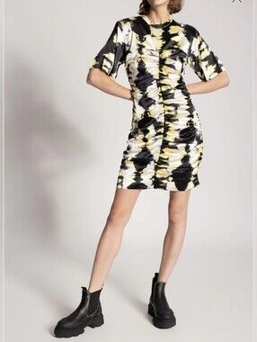 Ganni Tie Dye Silk Ruched Mini Dress Sz UK 38 US 6 Punk Edgy Streetwear